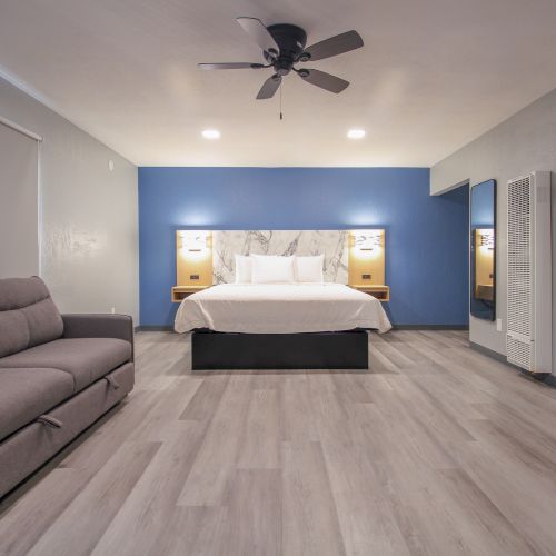 A modern bedroom with a bed, ceiling fan, sofa, and wooden flooring. The bed has a blue accent wall behind it and a light on each side.