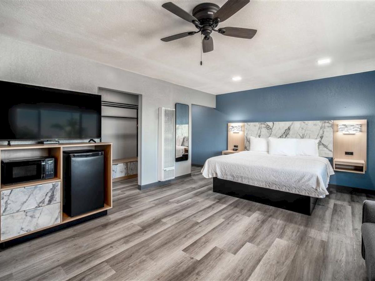 Modern hotel room with a bed, TV, fridge, microwave, ceiling fan, and wood flooring. Walls are blue and white with a stylish design.